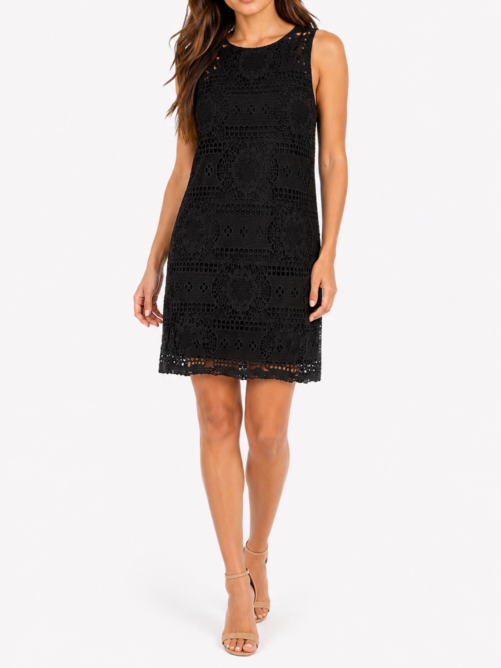 Mi Ami Black Crochet Lace Sleeveless Shift Dress XS Lined Keyhole Back